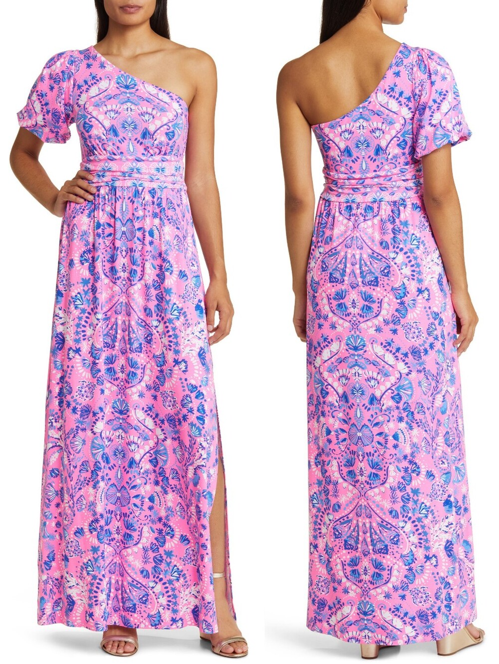 Lilly Pulitzer Solana One Shoulder Maxi Dress Havana Pink Turtle Tidepool Large